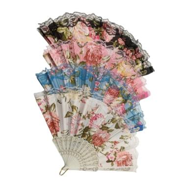 Imagem de sehtorry Pacote com 4 ventiladores florais dobráveis estilo espanhol, ventiladores portáteis de renda para festa, casamento, dança e decoração de casa