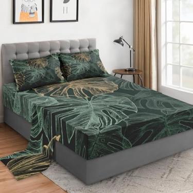 Imagem de WeCozy Jogo de lençol casal com fronhas, verde dourado tropical, 4 peças, roupa de cama de microfibra macia para crianças e adultos, lençol com elástico para decoração de cama de quarto