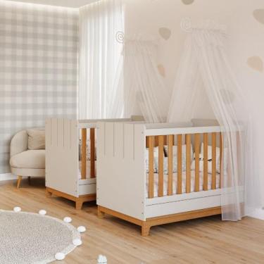 Imagem de Quarto bebê gêmeos com 2 Berços Mini Cama Liza Permobili, Off White/Na