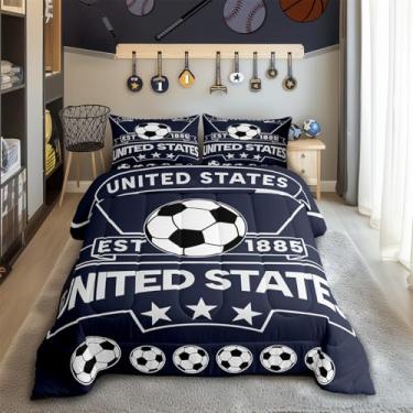 Imagem de Feelyou Jogo de cama de solteiro, com tema de futebol americano, para crianças, meninos, futebol americano, adolescentes, conjunto de edredom azul marinho e branco, 2 peças