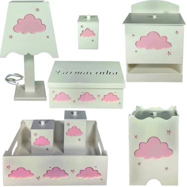 Imagem de Kit higiene bebe mdf decorado 8pçs - nuvem menina