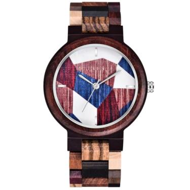 Imagem de Dentily Relógio masculino de madeira, relógio de madeira para homens, relógio analógico de quartzo leve e moderno para negócios, Vermelho e azul.