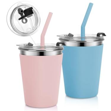 Imagem de Vermida Copos infantis de aço inoxidável com tampas e canudos à prova de vazamento, pacote com 2 copos à prova de derramamento de 340 g para crianças pequenas, copos inquebráveis com canudos para