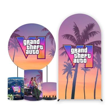 Imagem de Kit Painel de Festa Redondo, Trio de Cilindros e Painel Romano GTA VI - Fera Print