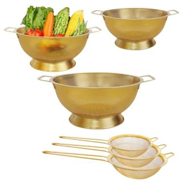 Imagem de TANEMUDO Conjunto de 3 peças de escorredor dourado de aço inoxidável e 3 peças de filtro de malha fina, cesta de malha de metal de 1/3/5 litro com alças para cozinha, escorrer macarrão, enxaguar