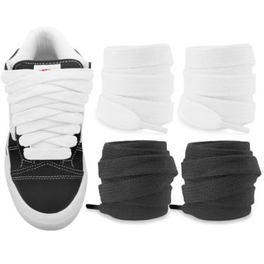 Imagem de NDTEZUGT 2 pares de cadarços atléticos gordos para Vans Knu Skool sapatos de skate clássicos, 5/8" (1,5 cm) de algodão grosso grosso grosso de substituição (preto + branco, 63"/160 cm)