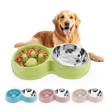 Imagem de Tigelas duplas de alimentação lenta para animais de estimação, tigelas de água para gatos e cães, pratos de comida e água de aço inoxidável antiderrapantes, tigela de alimentação para cães pequenos e