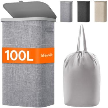 Imagem de Cesto de roupa suja Lifewit 100L com tampa e bolsa removível cinza cla