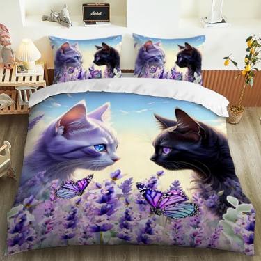 Imagem de AILONEN Conjunto de capa de edredom de gato preto e branco 3D para crianças, meninas, meninos, lindo conjunto de cama roxo lavanda e borboletas, tamanho solteiro, design de gatinho, 3 peças, 1 capa de