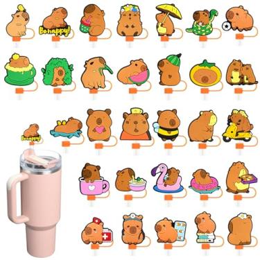 Imagem de Pacote com 30 tampas de palha Kapibara para copos, 10 mm bonito topo de palha à prova de poeira para garrafas de água Stanley copos acessórios presentes para mulheres lembrancinhas de festa