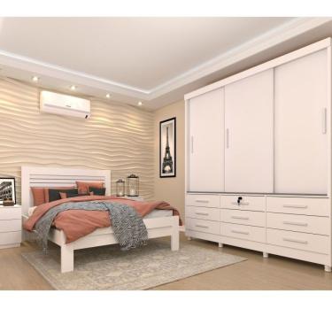 Imagem de Quarto Completo Roupeiro 3 Portas, Cama Casal E Mesa De Cabeceira 3 Gavetas Chicago Tcil Móveis Neve/Neve