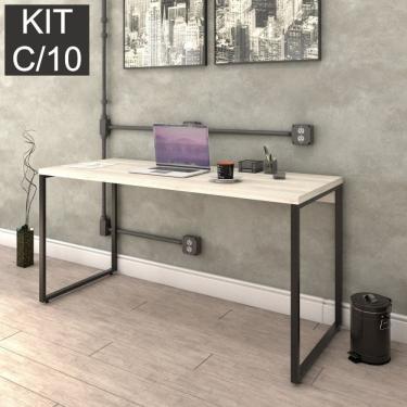 Imagem de Kit Com 10 Escrivaninhas Kuadra 150Cm Estilo Industrial Compace Snow/Preto