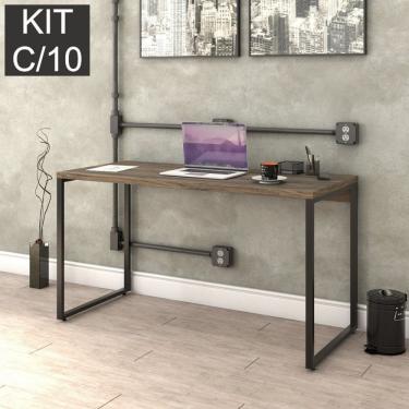 Imagem de Kit Com 10 Escrivaninhas Kuadra 135Cm Estilo Industrial Compace Carvalho Dark/Preto