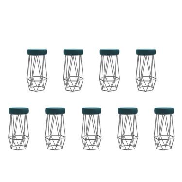 Imagem de Kit 09 Banqueta Com Encosto Mhara Hexágono Cozinha Bar Ferro Prata Suede Azul Turquesa - Amey Decor
