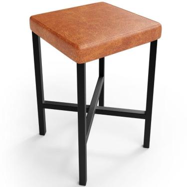 Imagem de Banqueta Stella Assento em Courino Estrutura em Aço Fixo Baixo Marrom para Cozinha Moderna