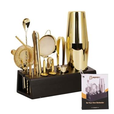 Imagem de JWJIUEJIU Conjunto De Coqueteleira, Kit Barman Boston Com 15 Peças, Acessórios Bar Em Aço Inoxidável, Profissional Barman, Ferramentas Domésticas Livreto Receitas (Dourado, Suporte Preto)