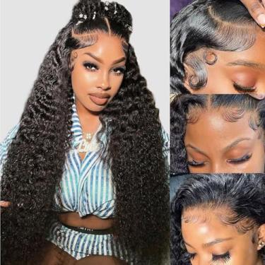 Imagem de HCHHCH Peruca Frontal De Renda Com Ondas Profundas, Cabelo Humano, Densidade 200%, 13X4, Cacheada Hd Para Mulheres, Sem Cola, Brasileira, Pré-Depilada, Cor Preta Natural, 28"