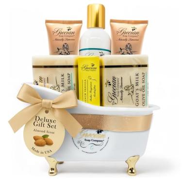 Imagem de The Grecian Soap Company Cesta De Presente Luxo Para Mulheres - Conjunto Cuidados Com A Pele 6 Peças Leite Cabra E Azeite Oliva, Presentes Aniversário, Spa, Chá Panela Mães, Aroma Amêndoa, Perfume A
