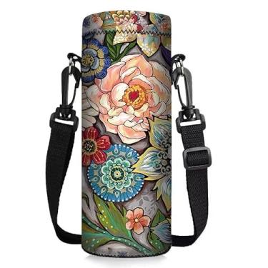Imagem de ToLuLu Bolsa Para Garrafa De Água, Capa Neoprene Isolante 1000 Ml E 32 Oz Com Alça Ombro Ajustável, Tipo Tiracolo Água Hydroflask Stanley Iceflow, Flor Colorida