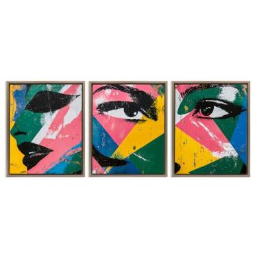 Imagem de Stupell Industries Face & Eyes Fractal 3 peças marrom emoldurado conjunto de tela flutuante design por Walker Noble, 17 x 21