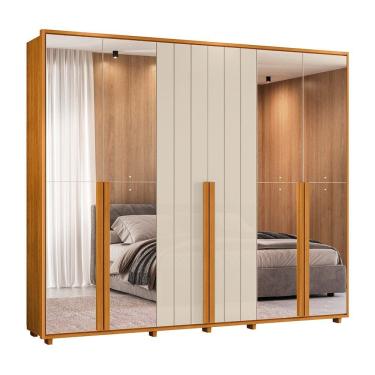 Imagem de Guarda-roupa Casal Volpi Ripado 6 Portas 6 Gavetas 4 Portas C/ Espelho - 7 Decor Cinamomo E Off White