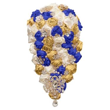 Imagem de Buquê de noiva feito à mão de cetim com gota de água rosa, 22 cm, buquê redondo de casamento de cristal de 22 cm, buquê de dama de honra, buquê de dama de honra, noivo, corpete, noiva, pulso, flor