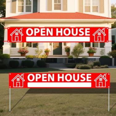 Imagem de Kit de banner Open House com 10 postes de fibra de vidro (6 mm de diâmetro, 39 cm de comprimento), 10 conectores de metal, 4 clipes, corda vermelha - faixa de 335 x 50 cm para quintal, casa, árvore
