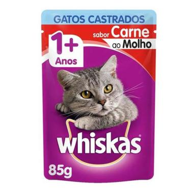 Imagem de Ração Úmida Whiskas Sache Sabor Carne ao Molho para Gatos Castrados 85g