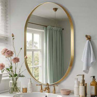 Imagem de JENBELY Espelho oval dourado, espelho oval de banheiro de 43 x 76 cm, espelho dourado escovado com moldura de liga de alumínio, antiferrugem, vidro temperado