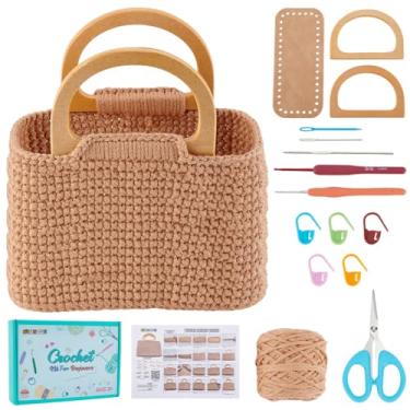 Imagem de FREEBLOSS Kit de bolsa de crochê para iniciantes, kit de confecção de bolsas de crochê, conjunto para iniciantes com instruções, parte inferior de couro PU, alça de madeira em forma de D, bolsa