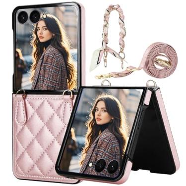 Imagem de Fofvccv Capa para Samsung Galaxy Z Flip 7 com alça de pulso para cachecol e corrente destacável, capa protetora transversal de couro PU elegante para mulheres compatível com Galaxy Z Flip7 XFS rosa