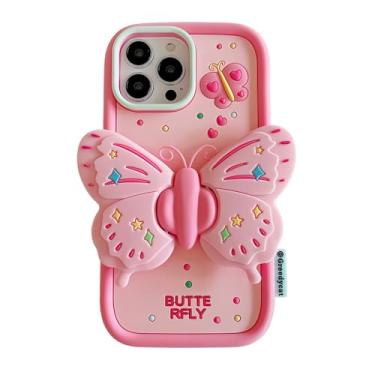 Imagem de QoKcoahn Capa para iPhone 15 Pro Max, capas de telefone Kawaii, 3D, engraçadas, fofas, suporte de borboleta, capa de proteção de gel de silicone macio para mulheres e meninas para iPhone 15 Pro Max