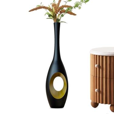 Imagem de Rocendlor Vaso preto de 59,9 cm – Vaso oval moderno com recortes dourados e pescoço fino, vasos decorativos para casa de luxo, escritório, decoração de casamento – vasos altos de resina