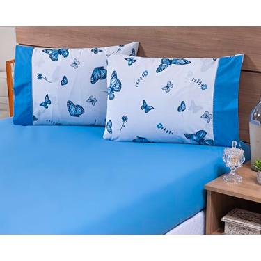 Imagem de Jogo Lençol 3 Peças Queen Estampado Borboletas Azuis 100% Algodão 200 Fios Ponto Palito (Azul, 45cm)