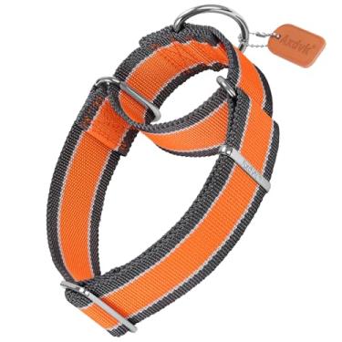Imagem de Axdvk Coleira Martingale de 3,8 cm de largura, 1600D, extraforte, antiescape, coleira para cães, resistente, sem puxão, com listras de 3 cores para cães de médio a GG (GG, laranja e cinza)