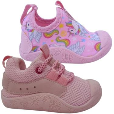 Imagem de Kit 2 Pares Tênis Bebê Feminino Recém Nascido Batizado Sapatinho Menina Unicórnio Primeiros Passos (Kit 2 pares tênis bebê rosa unicórnio, BR, Bebê, Numérico, 20)