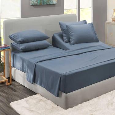 Imagem de Clara Clark Lençóis King Flex Top - Lençóis de cama de luxo de hotel de 6 peças para cama king size dividida superior - Lençóis de cama macios e fronhas, cabeça dividida tamanho king, azul pedra