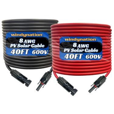 Imagem de WindyNation 8 AWG 8 Gauge Par 40 pés preto + 40 pés vermelho PV painel solar fotovoltaico cabo de extensão conectores solares (variedade de comprimentos disponíveis)