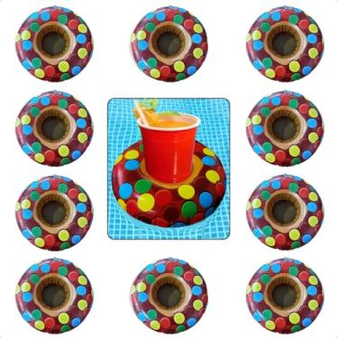 Imagem de Kit 10 Porta Copos Boia Inflavel Piscina Varios Formatos Porta Lata Brinquedos para Piscina (Donuts Confete Marrom)