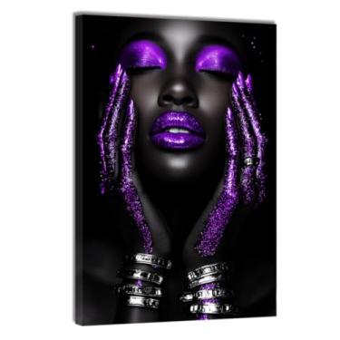Imagem de DOARTDO Arte de parede de mulher afro-americana impressão em tela roxa fotos de mulher afro-negra roxo quarto menina sala de estar moderna decoração de parede para casa emoldurada (40,6 cm x 61 cm)