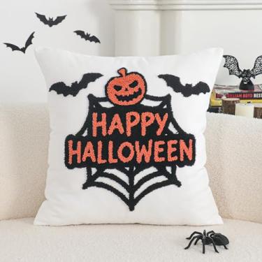 Imagem de Jonhier Capa de almofada branca decorativa de Halloween, fronha de abóbora bordada de outono para sofá cama, estampa de morcego texturizado, almofada de ação de graças para decoração de casa (Happy