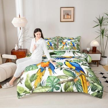 Imagem de Manfei Conjunto de edredom solteiro Parrot com folhas de palmeira tropical, coleção de cama macia, animais selvagens, decoração de quarto de meninos e meninas, 2 peças