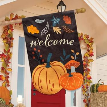 Imagem de Briarwood Lane Bandeira de casa de serapilheira de outono 40 x 28 para abóboras e cogumelos ao ar livre para outono bandeira de casa