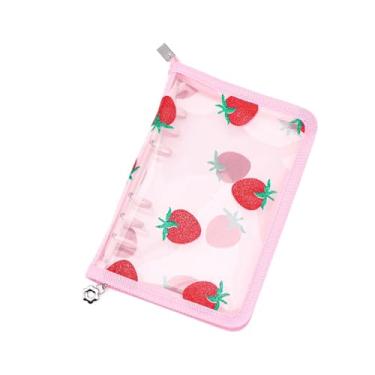 Imagem de XiowDow Capa de fichário rosa A6 com zíper fofo de morango, fichário de cartão de foto de renda transparente de PVC, recarregável, 6 anéis, fichários de álbum de fotos para cartões, agenda, diário