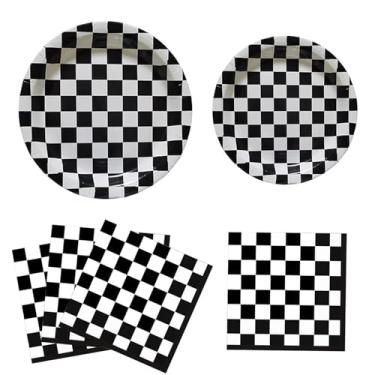 Imagem de Conjunto de pratos e guardanapos de carro de corrida com 150 peças, decorações de festa de aniversário de carro de corrida, pratos e guardanapos xadrez preto e branco, serve 50 convidados