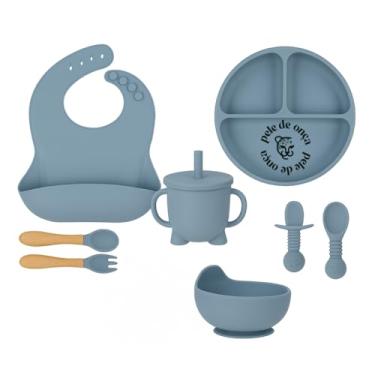 Imagem de Kit Alimentação Bebê 8 Peças Silicone Atóxico Prato com Divisórias Tigela Babador Talheres Copo com Canudo (Azul)