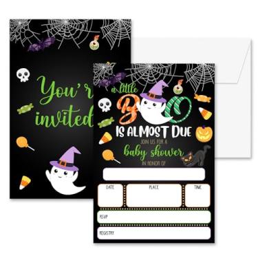 Imagem de seclate Convites de chá de bebê para meninos e meninas, 10 x 15 cm, cartões de convite de revelação de gênero A Little Boo para decoração de festa assustadora de Halloween suprimentos (25 peças) - B03