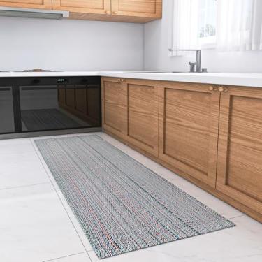 Imagem de Tapete Passadeira Cozinha Corredor Rústico 45cm x 2,00m Artesanal de Tear 100% Algodão Listrado Cru Verde Musgo Antiderrapante Lavável