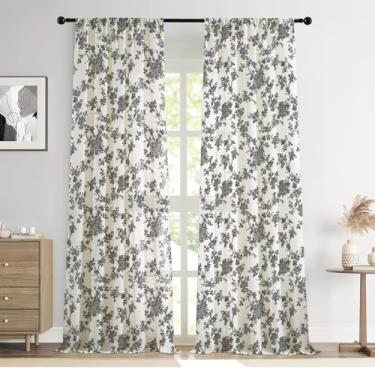 Imagem de Cortinas florais pretas Farmhouse Linen 203 cm de comprimento, filtragem de luz, cortina de janela francesa para sala de estar, quarto, bolso de haste, cortinas com estampa de flores, 2 painéis
