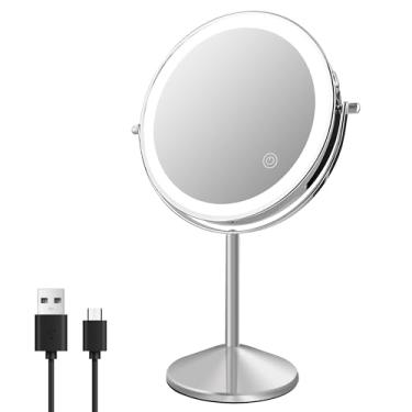 Imagem de Ysenchan Espelho de maquiagem iluminado, espelho de ampliação de LED recarregável de 20 cm, espelho de manificação de dupla face 5X com suporte, espelho de mesa cosmético em pé